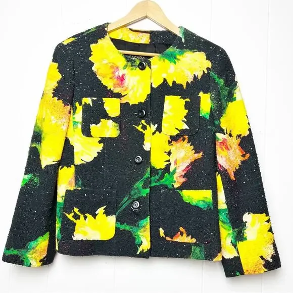 Escada Tweed Black Yellow Floral Cropped Jacket Women’s Size Large/EU40